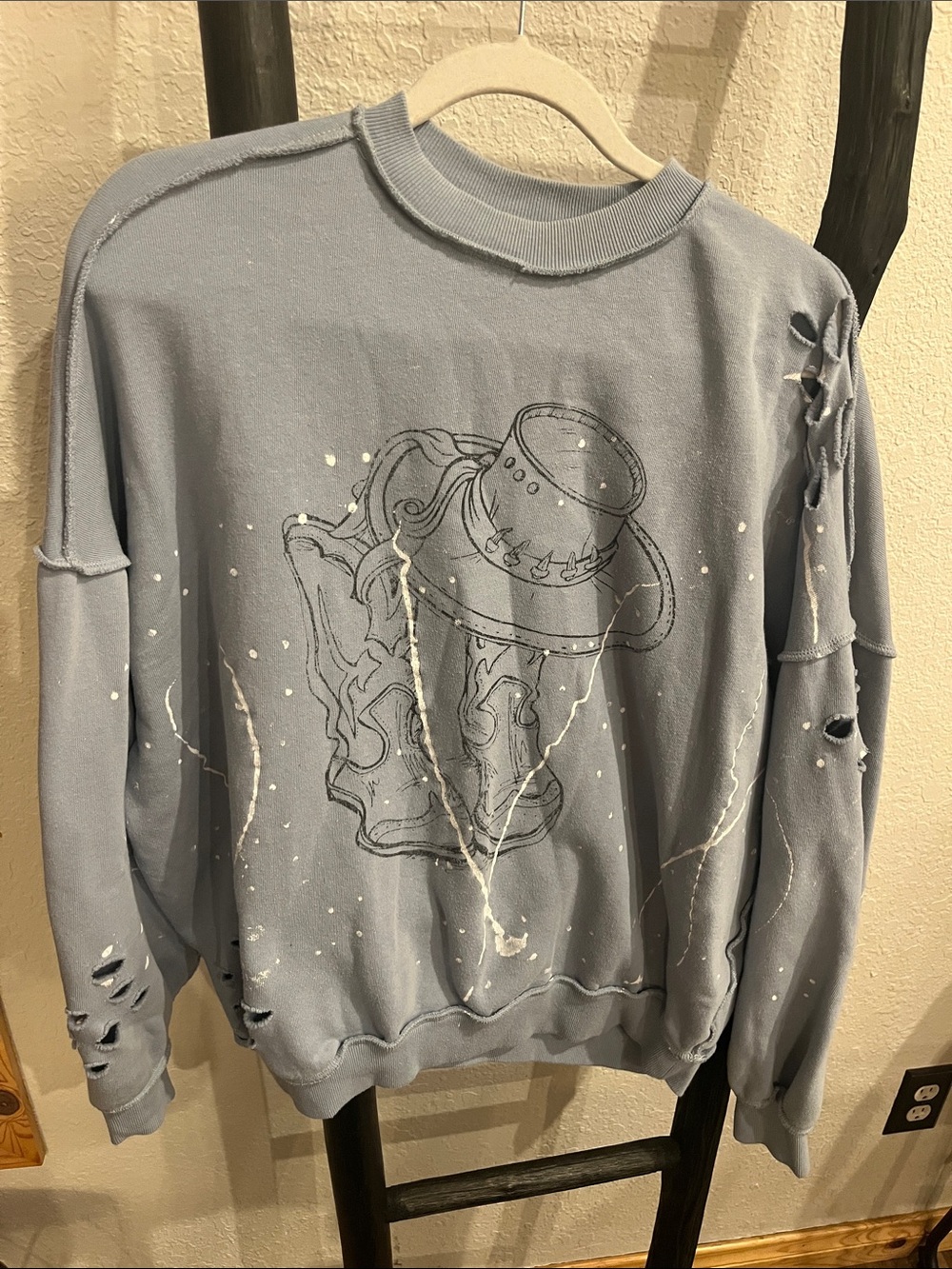 Distressed Washed Blue Graphic Sweatshirt - Women's Casual Pullover - Picture 2 of 6